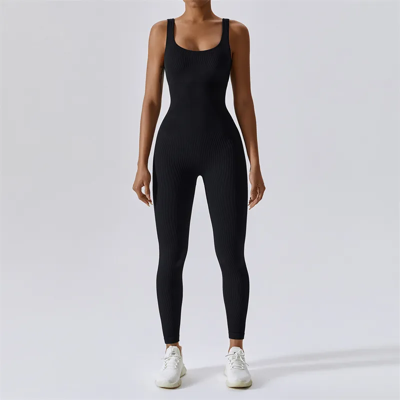 LL-6848 Womens Jumpsuits Yoga Outfits Sleeveless Close-fitting Dance Jumpsuit Long Pants Breathable Leggings Screw Thread Material