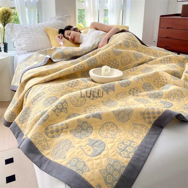 Couvertures Couverture de serviette pour canapé Couverture en fil de coton pur Couleur jaune Chat imprimé Plaids pour lit Queen Size Couvre-lit / couette d'été HKD230922