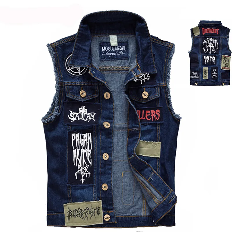 Herrenwesten, klassische Vintage-Jeansweste, ärmellose Jacken, modische Patch-Designs, Punkrock-Stil, zerrissener Cowboy, ausgefranste Denim-Tanks 230921