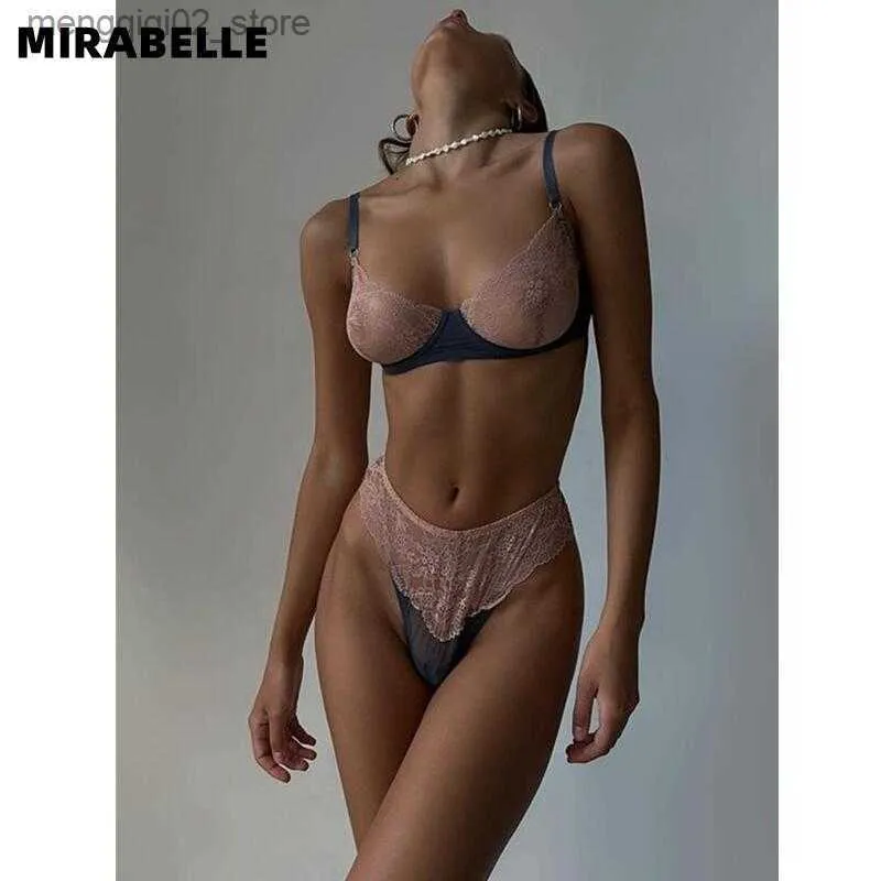 BRAS SETS MIRABELLE Sexig underkläder Set Woman 2-Pieces Transparent BH och Panty Set spets Underkläder Set Fancy Patchwork Intimate Outfit Q230922