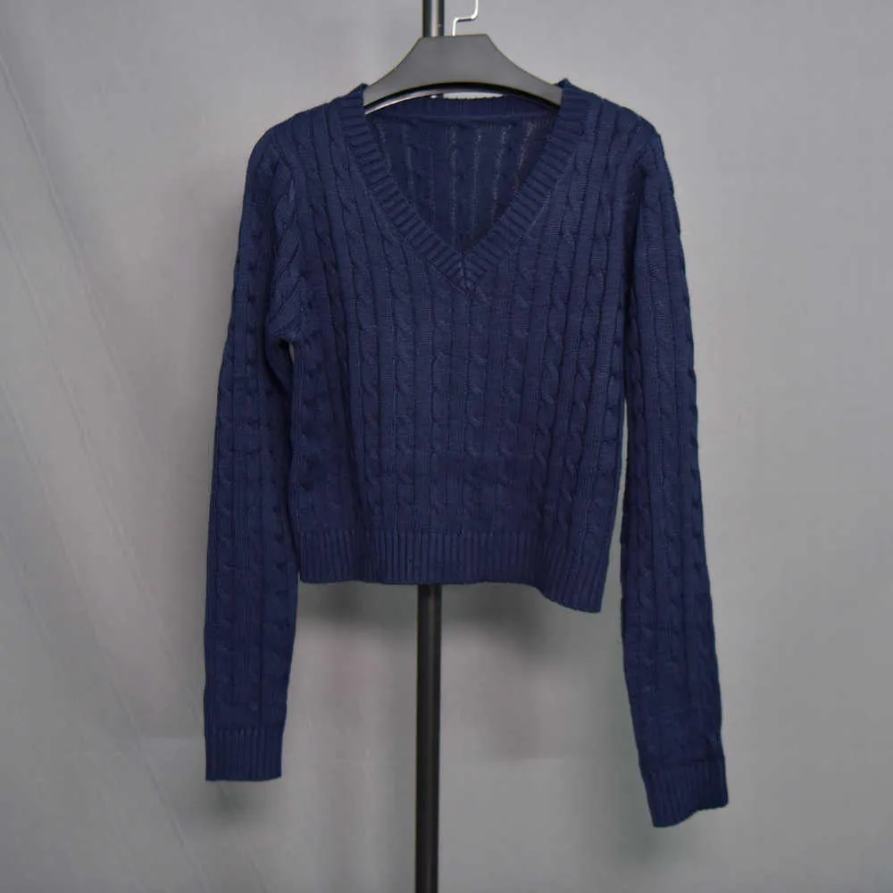 Womens V Neck Cable Knit Sweater - Long Sleeve Pullover, Navy Blue