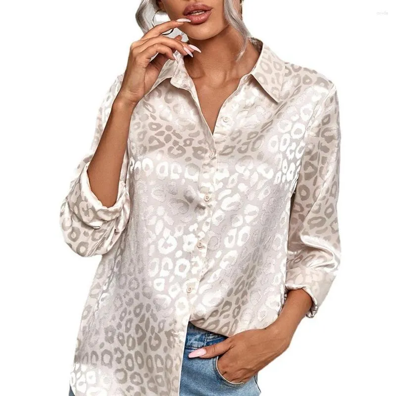 Camicette da donna Elegante raso con stampa leopardata Jacquard Primavera Autunno Camicetta a maniche lunghe Donna Top Camisas Donna Abbigliamento Camicia Blusa