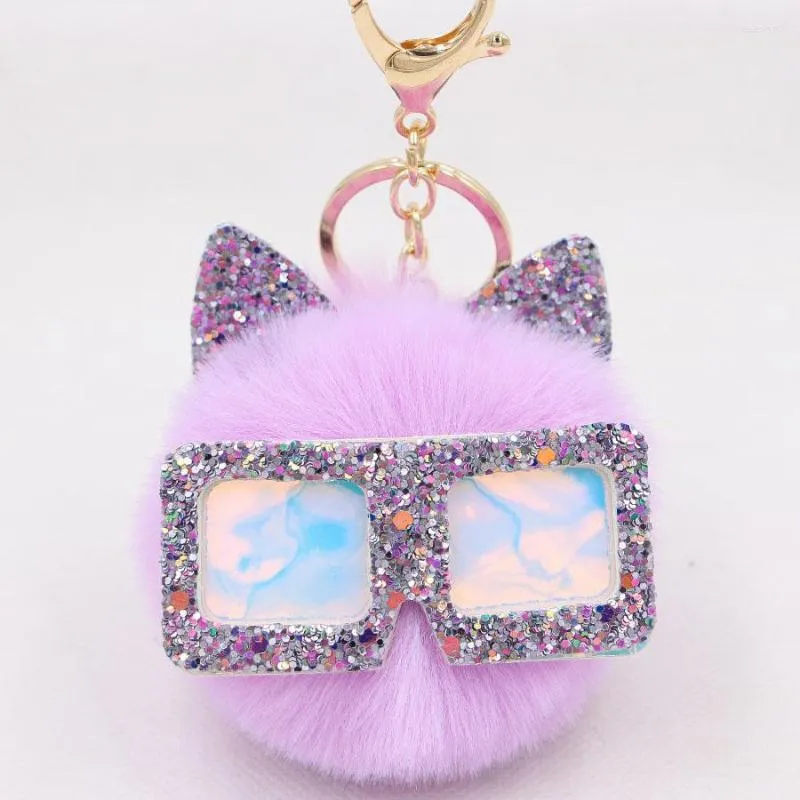 Keychains Fluffy Fur Ball Key Chain Glasses Plush Pom Keychain Pendant Women Car Bag Ring Year Gift Wholesale