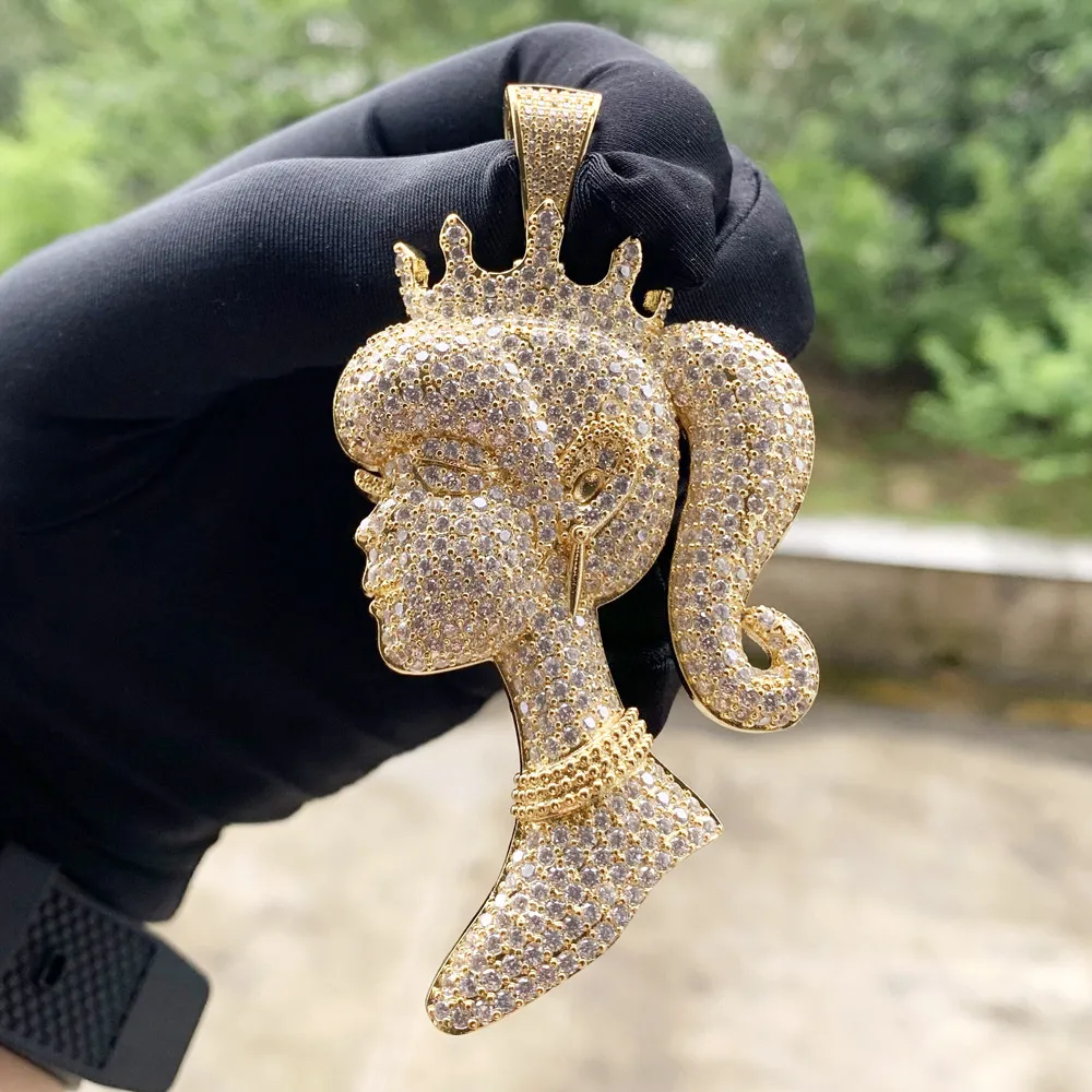 Iced Out 3D Girl Head Queen Pendant Halsband med repkedjetennishalsband