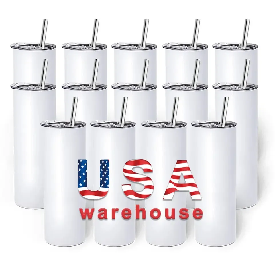 CA/US Stocked 20oz Sublimation Blanks Mugs Double Walled Stainless Steel Thermos Water Bottles Insulated Tumblers With Plastic Straw