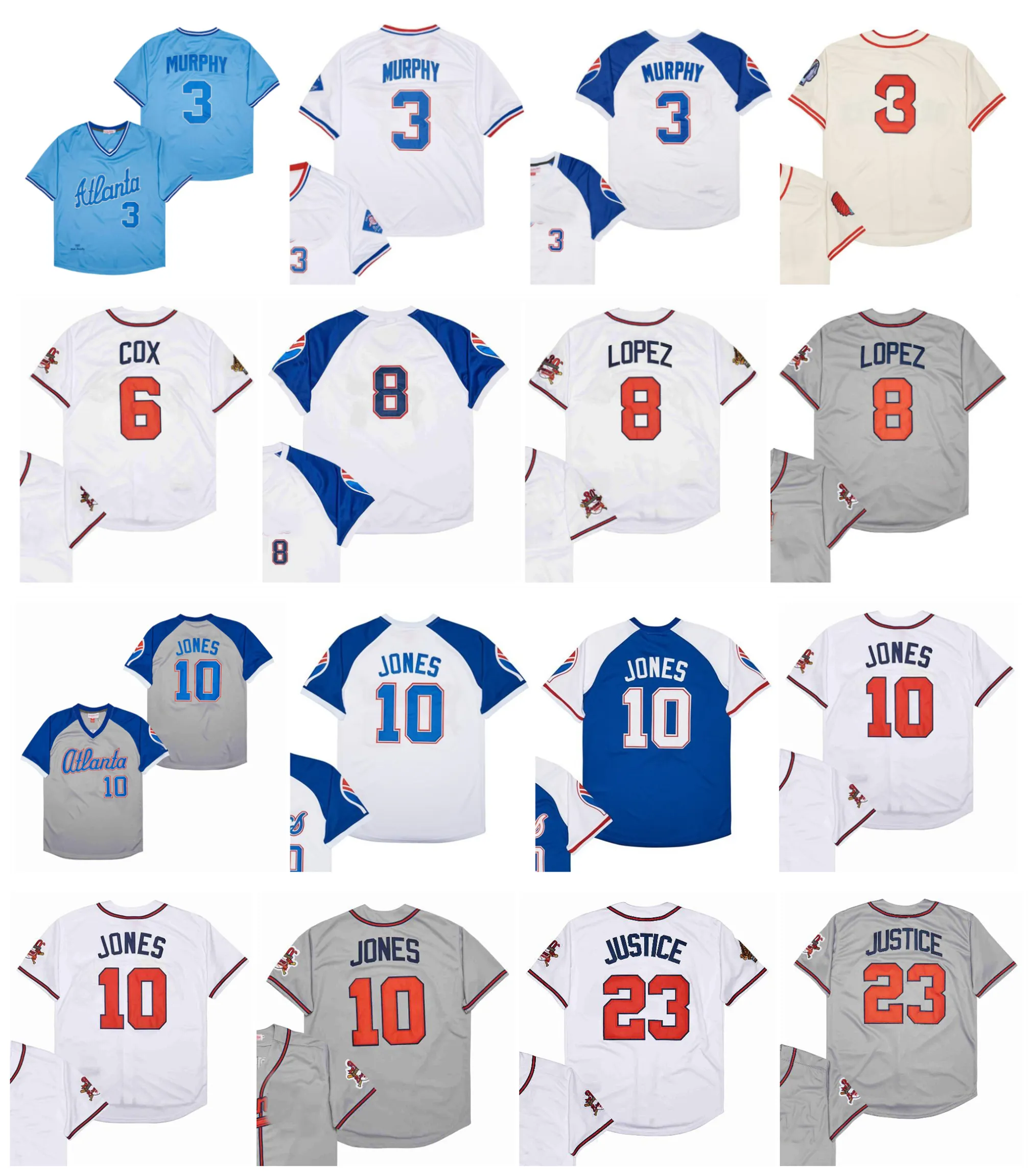 Mitchhrowback Braves Jersey Dale Murphy Bobby Cox Javy Lopez Chipper Jones David Justiça Branco Gray Blue Tamanho