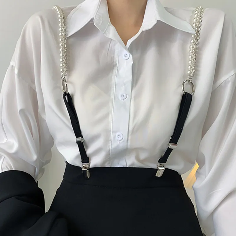 Suspenders 3 Clips Pearl Rhinestone Chain Suspenders Belt for Women Elastic Trousers Pants Tights Strap Garter Adjustable 230921