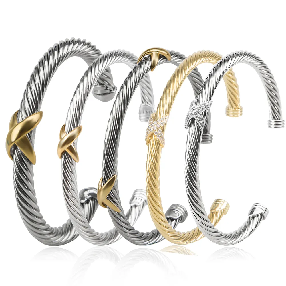 Bracelet jonc X Design, manchette en laiton plaqué or blanc, à la mode