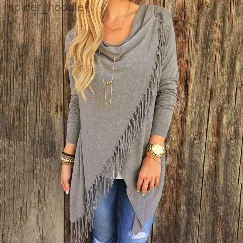 Women's Sweaters Women Autumn Spring Sweater Asymmetric Tops Loose Tassel Sweater Long Sleeve Cowl Neck Black Gray White L230922