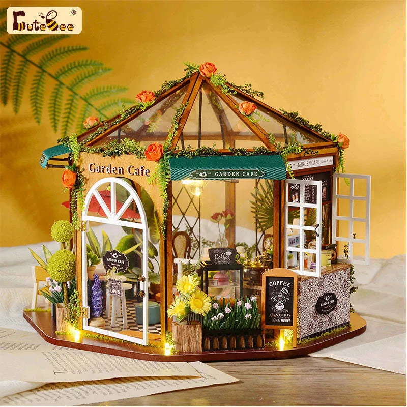 Аксессуары для кукольного дома Cutebee DIY Dollhouse Kit Garden Cafe Деревянная миниатюрная мебель со светодиодными игрушками для детей Рождественский подарок 230922