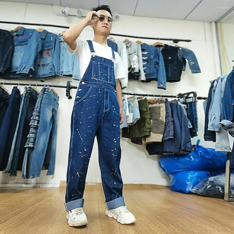 Herr jeans mode amerikanska cowboy haklappar lösa baggy plus storlek jumpsuits unga män kvinnor denim målar personliga overaller byxor