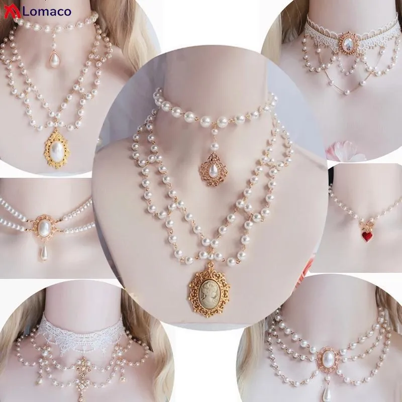 Chokers Wspaniałe vintage w stylu Rococo Wedding Lolita Princess Multilayer Pearl Lace Gem Neckarbone Chail Neclet 2309921