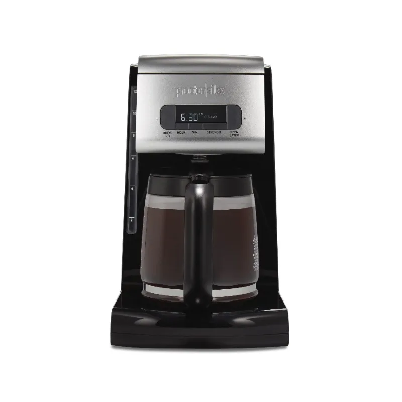 Proctor Silex frontfyllning Programmerbar kaffebryggare, glaskappa, 12 kopp kapacitet, svart och silver, 43687
