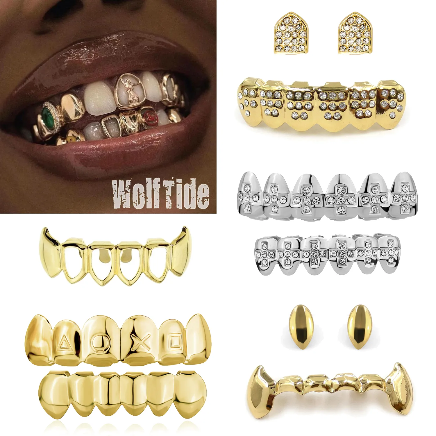 Glanzend Kruis Vampier Tanden Fang Grillz 18K Echt Goud Punk Hip Hop Holle Diamant Grills Bretels Tandkap Rapper Lichaamssieraden voor Cosplay Halloween Kostuum Geschenken