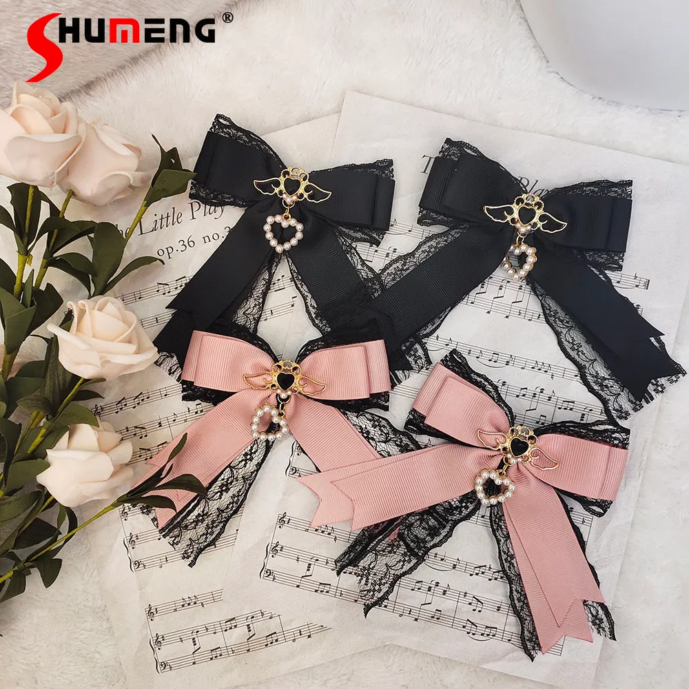 Bow Ties Japanese Style Sweet Barrettes Clip Hair Accessories Lolita Love Pearl Rhinestone Lace Bow Edge Sweet Bow Hairpins Side Clips 230922