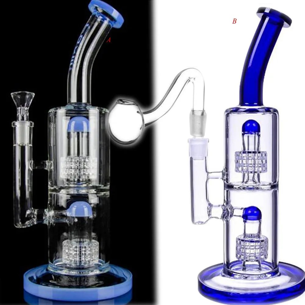 9.8inchsダブルパトリックスPerc Glass Water Bongs Hookahs Shisha Smoke Pipe Recycler Dab Rigs 14mmジョイント