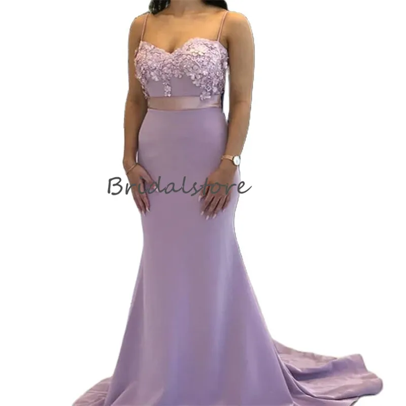 Elegant Lilac Mermaid Prom Dress With Flowers Sexy Spaghetti Straps Satin Tight Evening Dress Floor Length Formal Party Occasion Second Party Engagement Dress