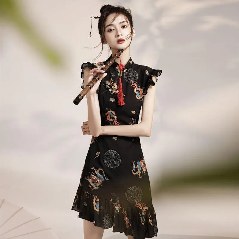トップ Green Floral Green Vintage Elegant Dress Cheongsam Chinese スーツ・フォーマル・ドレス