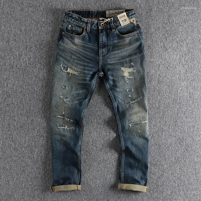 Jeans da uomo Denim con cimosa per abbigliamento da uomo Fori rattoppati Pantaloni cargo lavati retrò Pantaloni arrotolati effetto consumato Abbigliamento casual Oversize