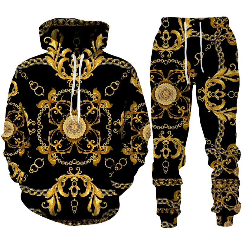 Herrspårsugnar High End Luxury Golden Pattern Mens Hoodie/Pants/Set Fashion 3D Print Par Sportwear Casual Hipster Personality Clothing Suit 230922