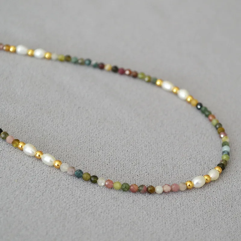 4mm retro color tourmaline white freshwater rice pearl beads simple versatile necklace clavicle chain female 40cm