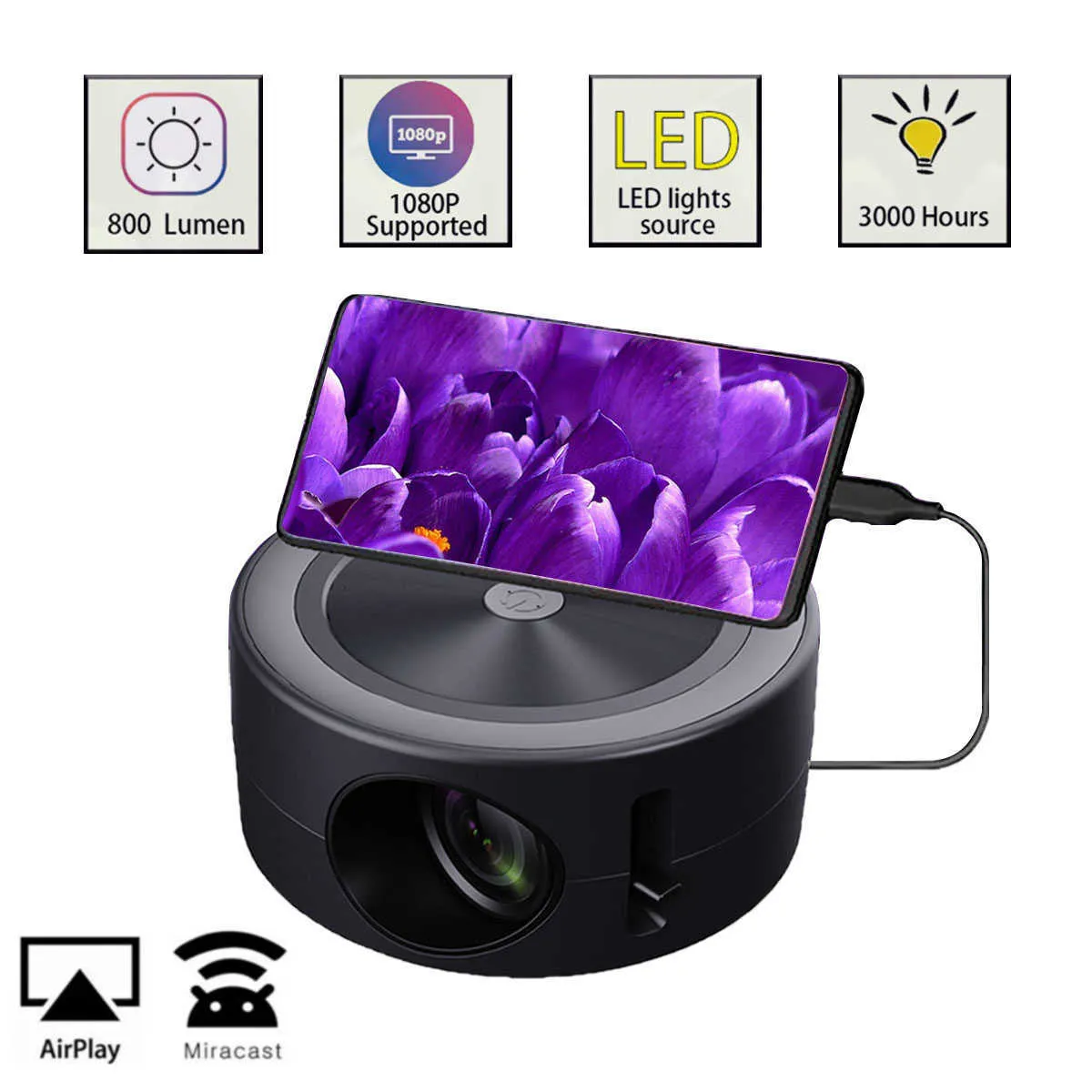 Mini Projecteur Portable HD 1080p - Compatible Téléphone, USB, SD - Pour Cinéma Maison, 16x12x11cm