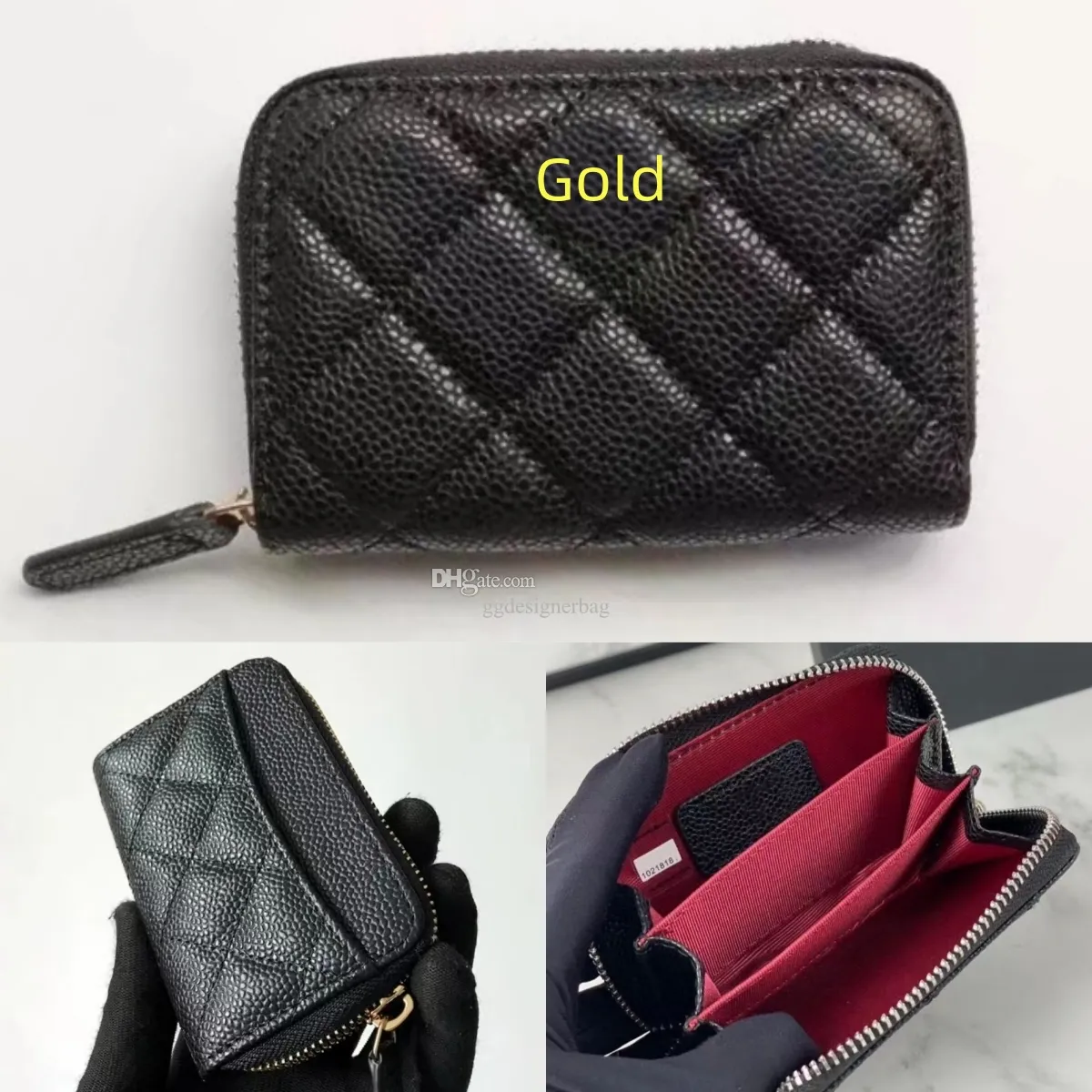 2023 Novo Caviar Lambskin Pequena Carteira Zíper Bolsa Genuine Pebble Couro C Mini Cartões de Crédito Bolsa Homem Mulher Designer Chave Moeda Bolsa Presente Atacado com Caixa