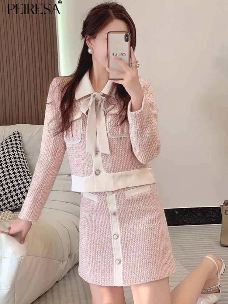 Duas peças vestido peiresa celebridade elegante saias definir mulheres outfit outono rosa lapela manga longa casaco curto mini saia terno 230921