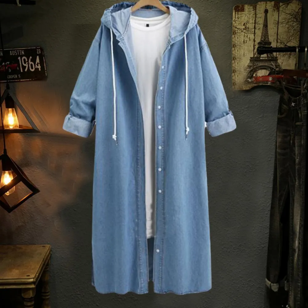 Giacca da donna in misto denim a maniche lunghe con cappuccio allentato Cappotto da donna Cardigan lungo monopetto alla caviglia Frangivento Outwear Streetwear 230922