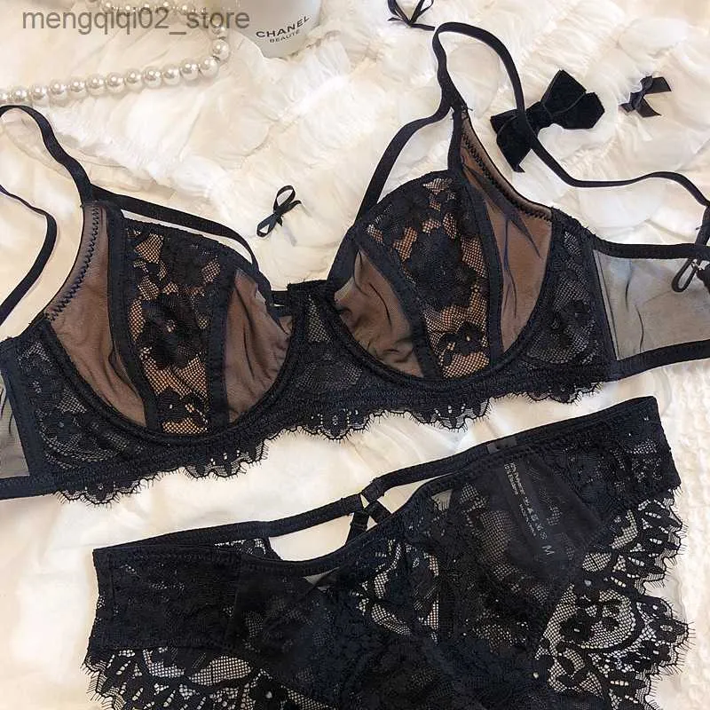 BHs Sets Sexy Spitze Stickerei Frauen Unterwäsche Set Französisch Ultra Dünne Unterwäsche Push Up Büstenhalter und Höschen Set Sommer Atmungsaktive Dessous Q230922