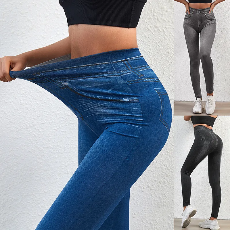 Mulheres leggings esticar bem fitness bolsos falsos cintura alta faux denim jeans sexy elástico jeggings macio casual fino lápis calças 230921