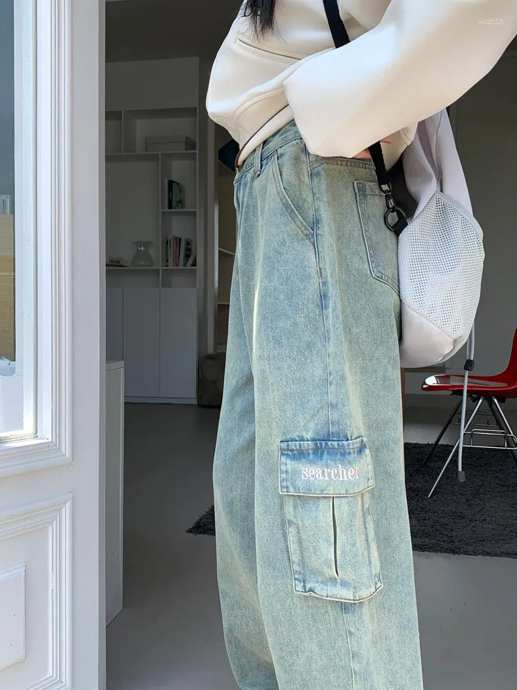 Frauen Jeans S-XL 3 Farben Herbst Frauen Safari Tasche Lange Gerade Denim Hosen Hohe Taille Stickerei Hosen Für Frauen (X3000