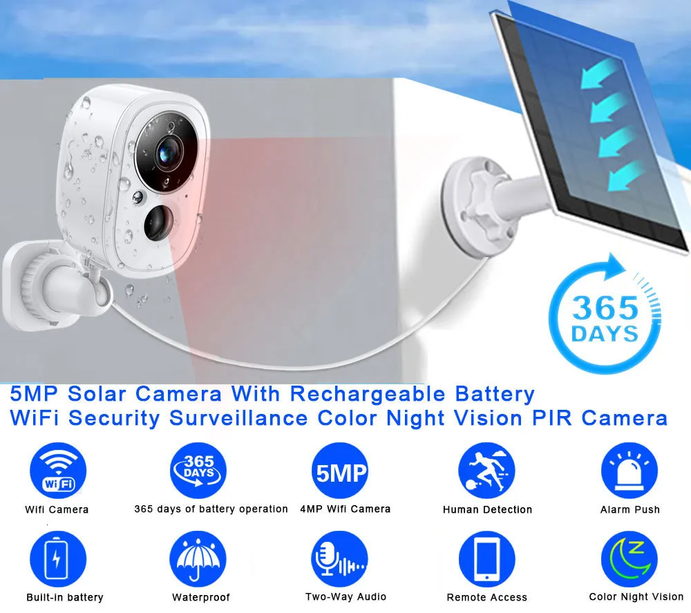 Camera de Surveillance Exterieur Batterie Solaire sans Fil Tuya , WIFI 5MP  IP Surveillance ccTV Protection -Etanche