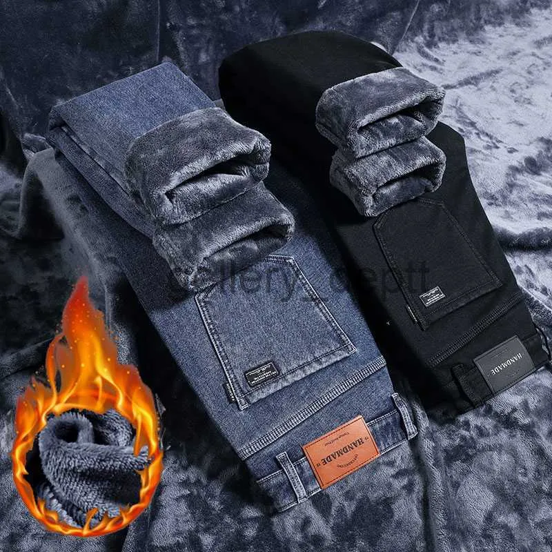 Mens Winter Thermal Jeans, Stretch Straight Fleece Denim Pants, Black,  Blue, Gray, From Gallery_deptt, $11.79