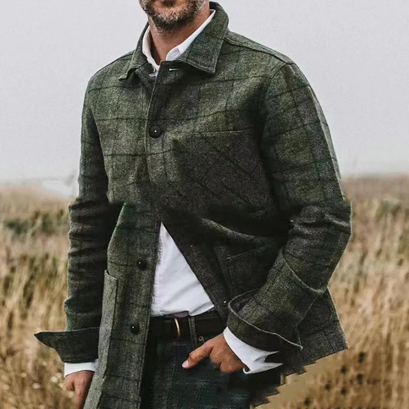 Misturas de lã masculina 2023 jaquetas vintage lã outono inverno moda xadrez impressão manga longa outerwear masculino casual cardigans casaco camisa 230921