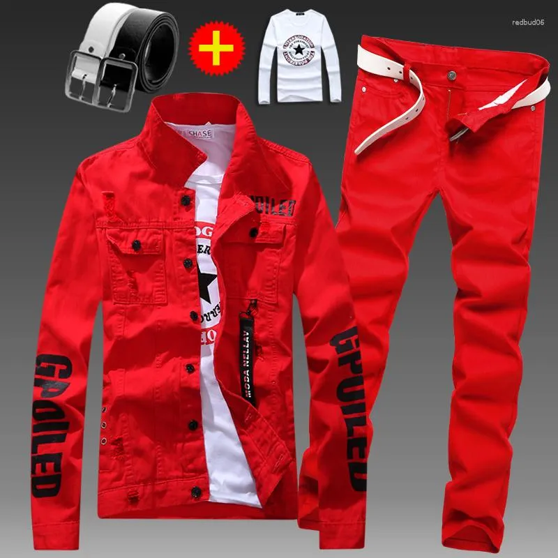 Men's Tracksuits Slim Fit Denim Jacket Pants 2pcs Set Lon Sleeve Coats Letters Printed Casual Lare Size Black Wite Red Boys Trousers