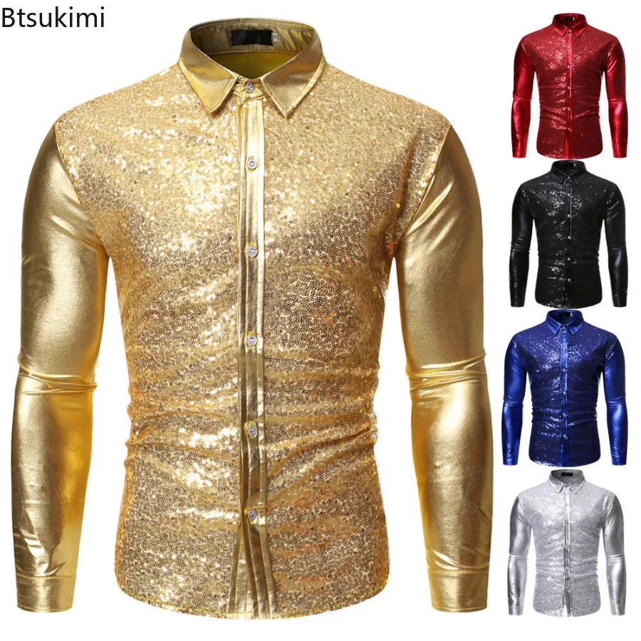 Men's Dress Shirts 2023 Shiny Gold Sequin Nightclub Shirt Brand Slim Fit Party Wedding Glitter Men Stage Singer Prom Costume 230921