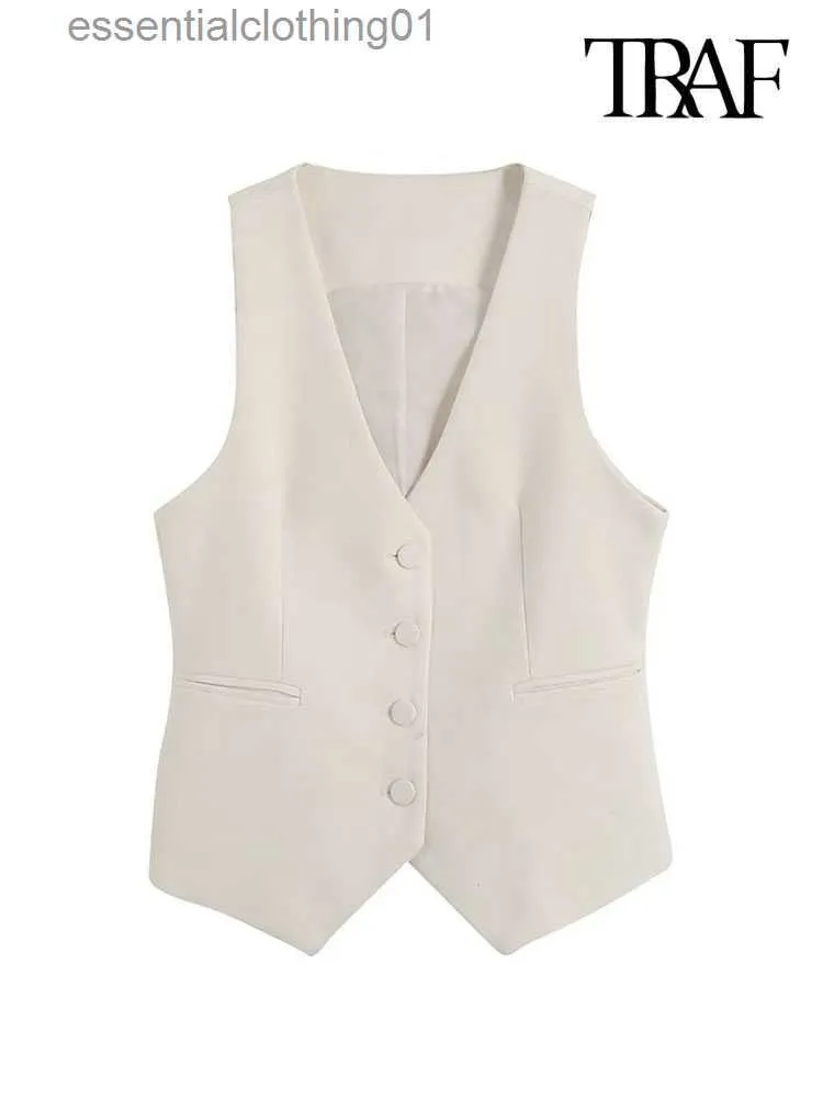 Women's Vests TRAF Women Fashion Front Button Fitted Waistcoat Vintage Sleeveless Welt Pockets Female Outerwear Chic Vest Tops L230922
