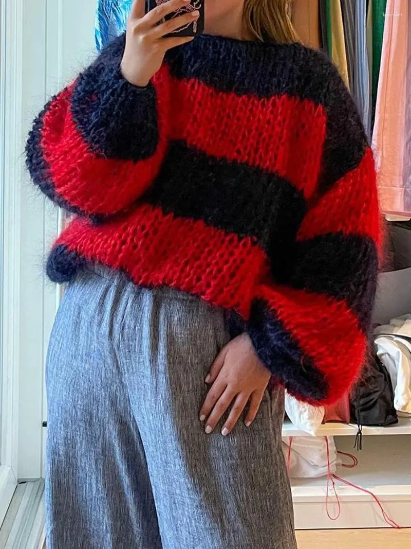 Suéteres femininos listrados oversized solto suéter manga longa em torno do pescoço 90s retro y2k malhas para mulher pulôver sudaderas de mujeres