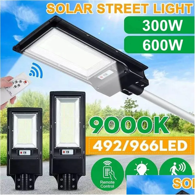 Solar Street Light 300W 600W Outdoor Lighting Radar Sensor Road Lamp With Pole Remote Control 492Led 966Led Drop Delivery Lights Renew Dhr5F