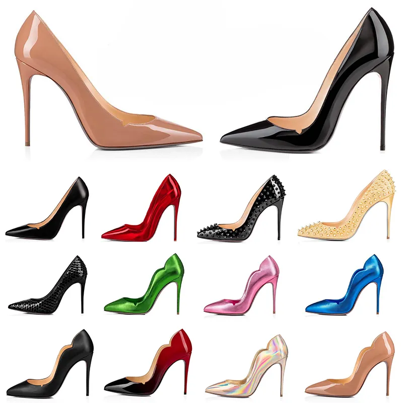 Designer-Schuhe, Damen-High-Heel-Schuhe, rot, schwarz, weiß, glänzende Böden, luxuriöse Qualität, Kleid, Sohle, Absatz, rund, spitze Pumps, echtes Leder, Hochzeit, High-Heels-Designer