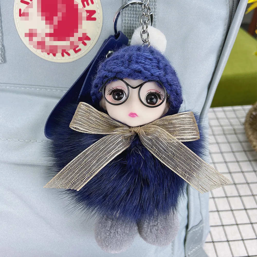 Cute Mink Fur Small Briquettes Doll Key Ring Cartoon Knitted Hat Keychain  Kawaii For Women Bag Ornaments Car Accessories