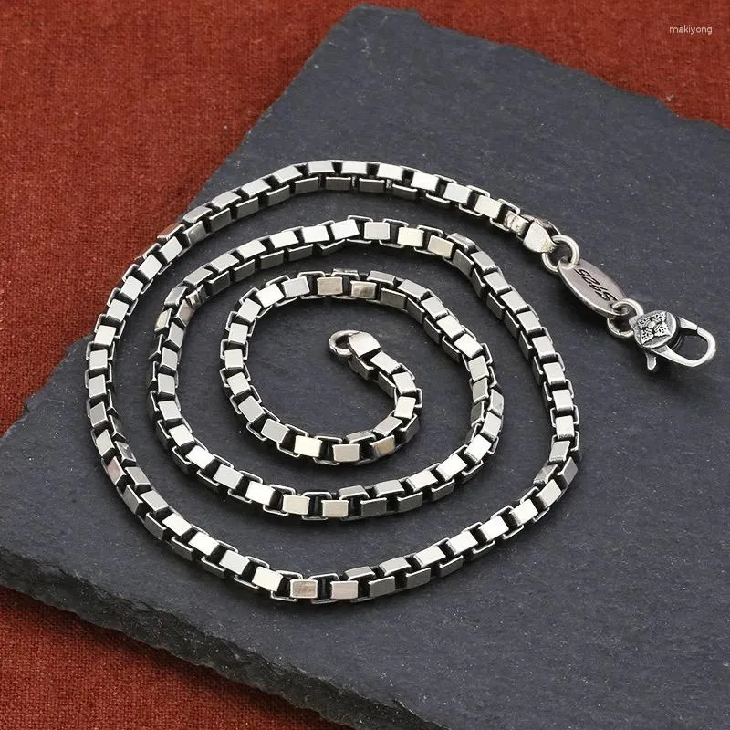 Cadenas 4 mm de ancho Plata real Vintage Caja cuadrada Hebilla Anillos Collar de cadena Hombre Mujer S925 Sterling Classic Vajra Collares