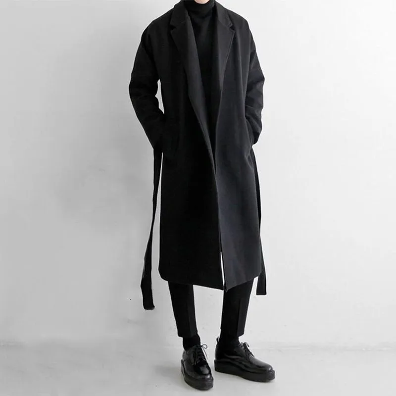 Misturas de lã masculina Mafokuwz japonês blusão longo grosso quente trench coat na moda solto pano de lã coreano streetwear jaqueta 230921