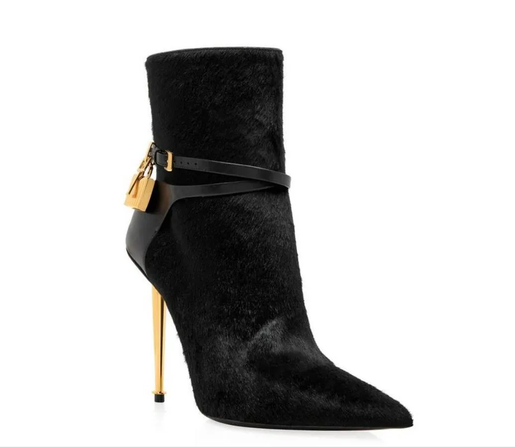 Damen-Stiefel-Designer-Schuhe, Vorhängeschloss-Stiefelette, Knöchelriemen mit Schloss und Schlüssel-Schnalle, Booties, Designmarken, Beute, berühmt, Party, Hochzeit, sexy, spitzes Schwarz