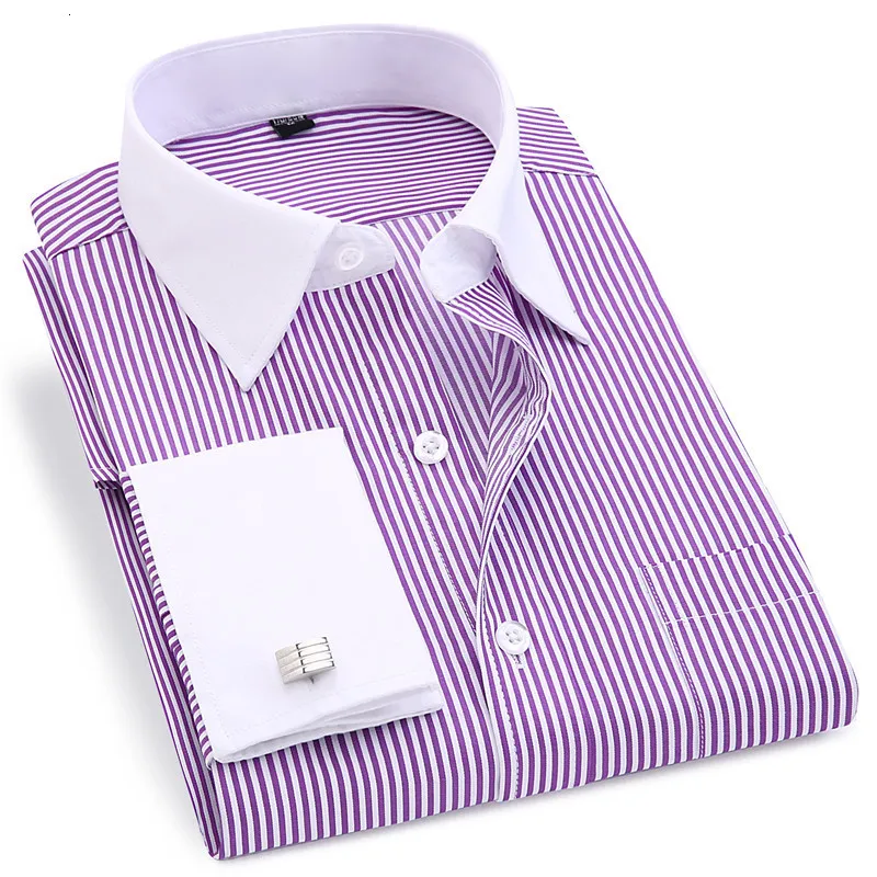 Men's Dress Shirts Gentle Formal Mens French Cuff Shirt Men Long Sleeve Solid Striped Style Cufflink Include Plus Sizet 6XL 230921