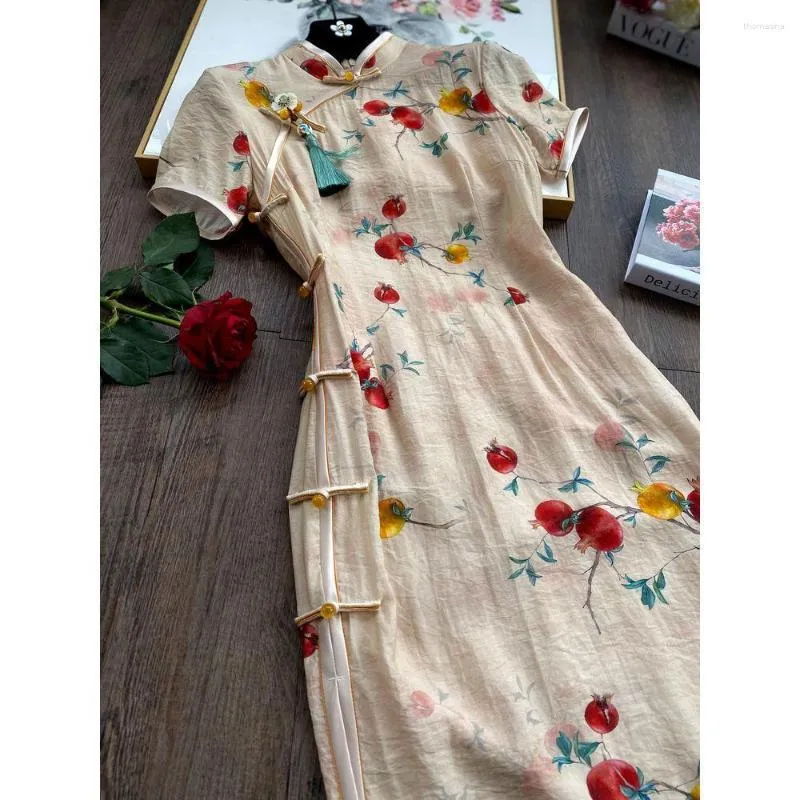 Etniska kläder pmwrun retro kinesisk stil girly sex cheongsam granatäpple tryck låg slits lång klänning