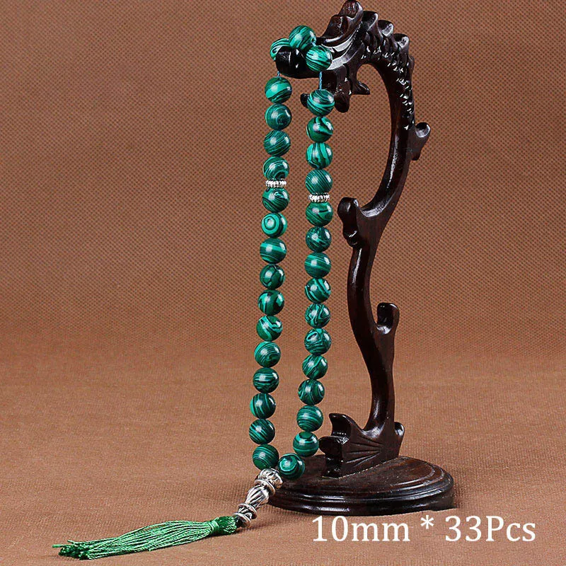 Bangle 10mm Green Malachite Stone Armband Tassel Pendant 33 Bönpärlor Islamiska muslimska Tasbih Mohammed Rosary for Women Men 230922