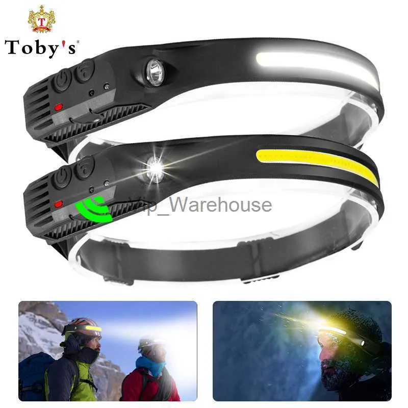 Huvudlampor Tobys USB-laddningsbar COB LED-strålkastarsensor Huvudlampa Ficklampe Head Torch 5 Belysningslägen Huvudljus med inbyggt batteri HKD230922