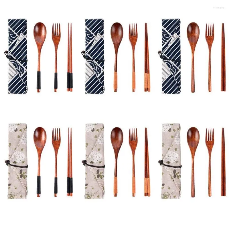 Dinnerware Sets Tableware Portable Cutter Bamboo Flatware With Bags Wooden Cutlery Reusable